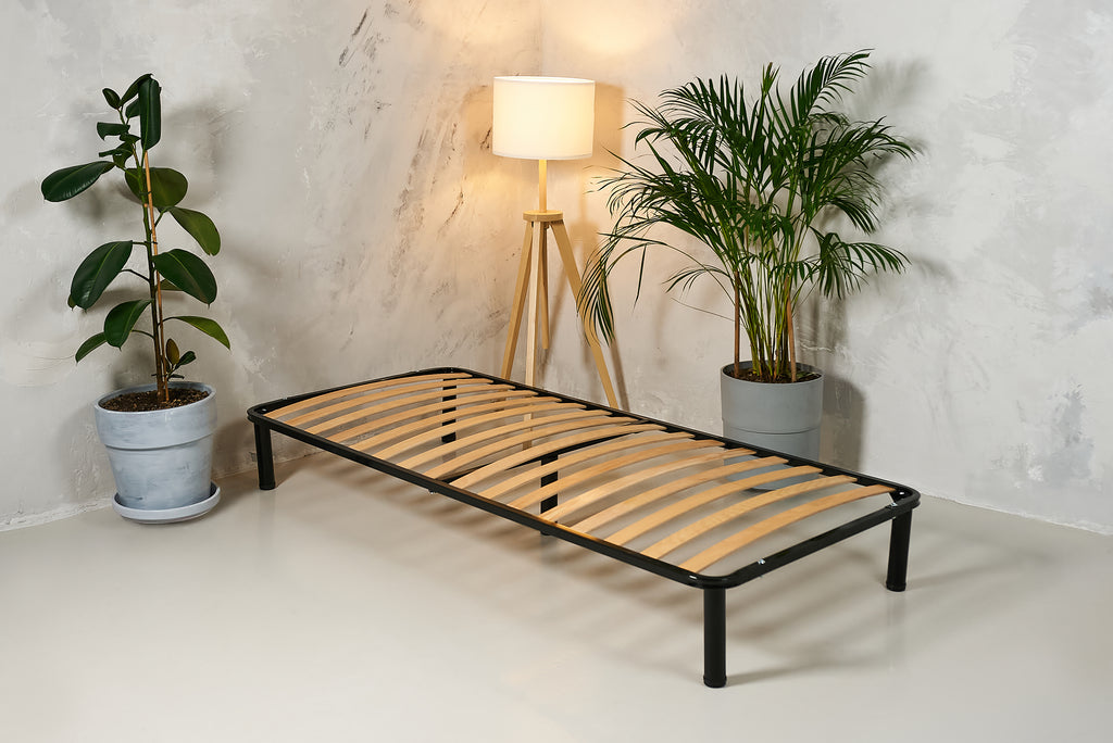 Bed frame 90×200 cm metal 16 Beech Slats on adjustable legs strong SVLMEBLE
